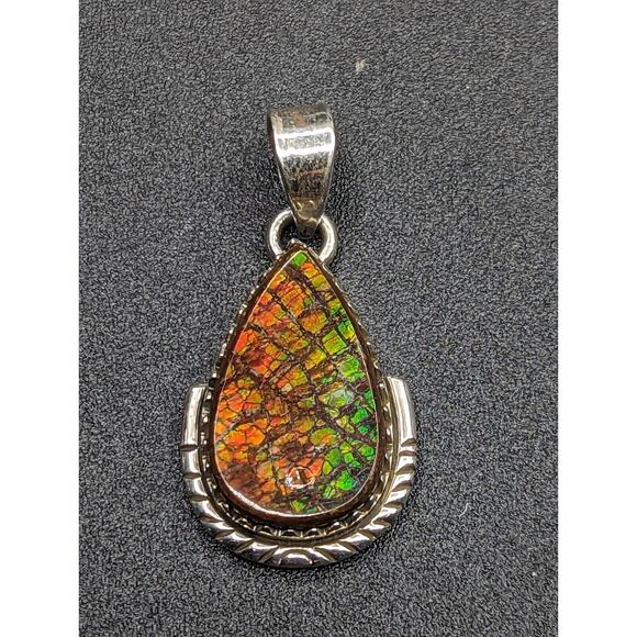 Colorful Ammolite Fossil Dragon Scale Teardrop Sterling Silver Pendant *Read* - Picture 3 of 14